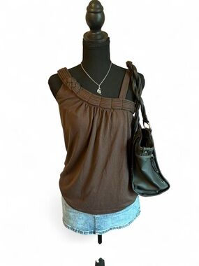 a.n.a Brown Braided-Strap Asymmetric Tank Top, Size Medium